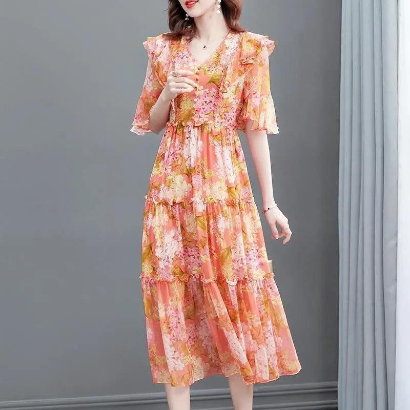 Long Dress Female Summer Loose Thin Waisted Printed Casual Vacation Seaside Skirt