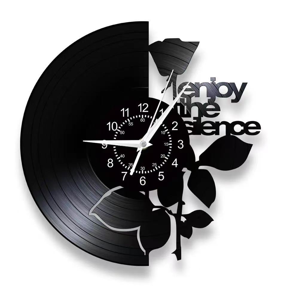 

Enjoy The Silence Vinyl Record Wall Clock Music Studio Inspirational Lyrics Rose Art Watch Home Decoration Silent Quartz Clock