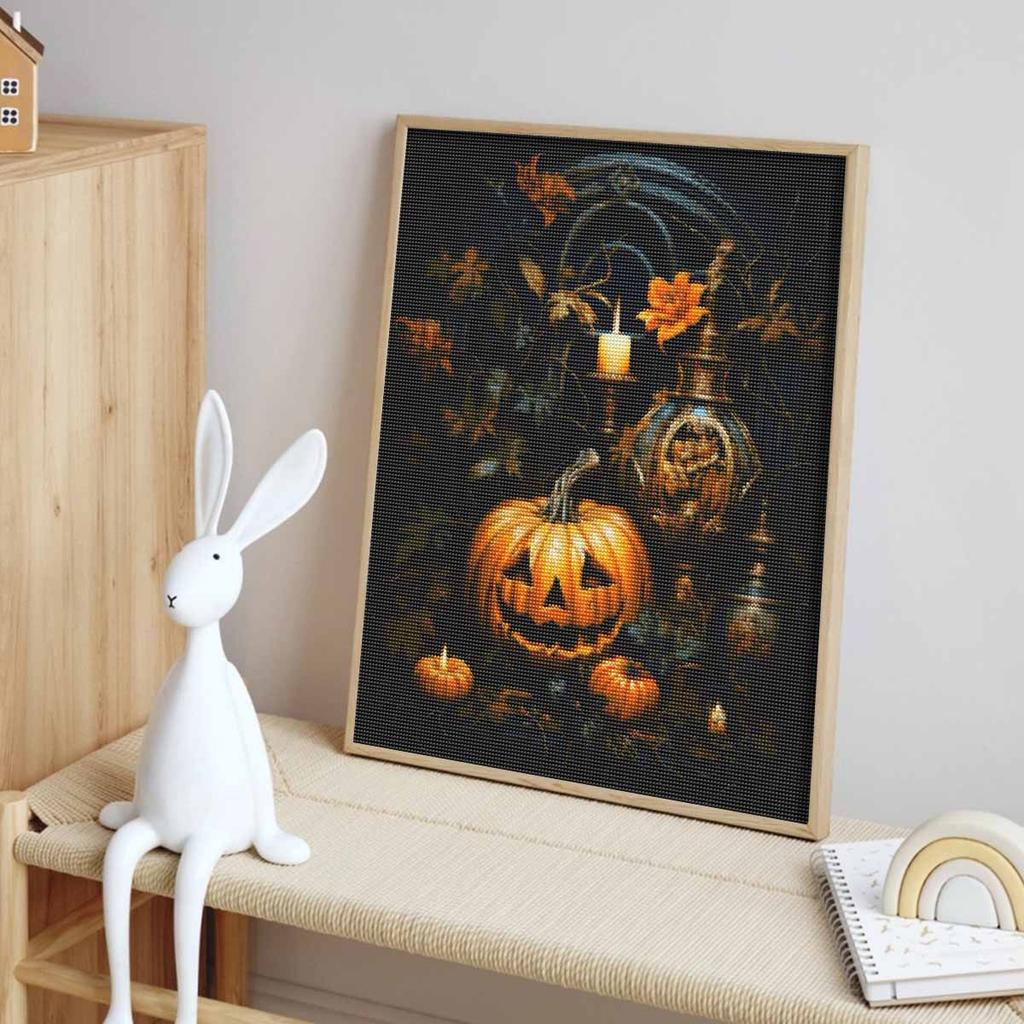 Halloween 5D DIY Diamond Art Painting Kit Pumpkin Candle Decor Home Wall Art Craft Handmade Gift for Autumn Festive Holiday Decoration