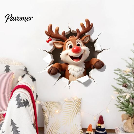 Waterproof PVC Wall Art Christmas Reindeer Decal, 3D Hole Illusion Red Nose Rudolph Sticker, Elk Window Clings Peel And Stick Decor for Kids Room Easy