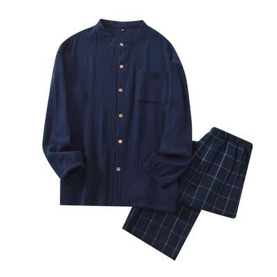 SETOM Breathable and Shijira Weave Double Comfortable Long Top and Bottom Checkered Pants Men's Pajamas, Comfortable, Gauze, Collarless, 100% Cotton,