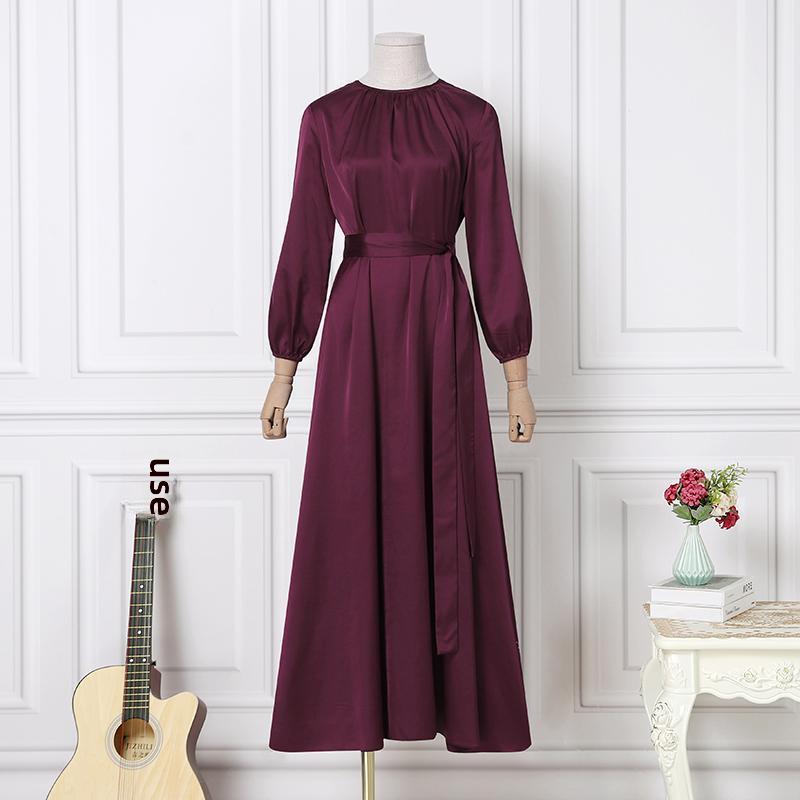 Women's Elegant Round Neck Lantern Sleeve Tie-Waist Slimming Robe Dress