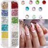 12-Grid Nail Art Set: Colored Flat-Bottom Rhinestones & Gold Silver Steel Beads