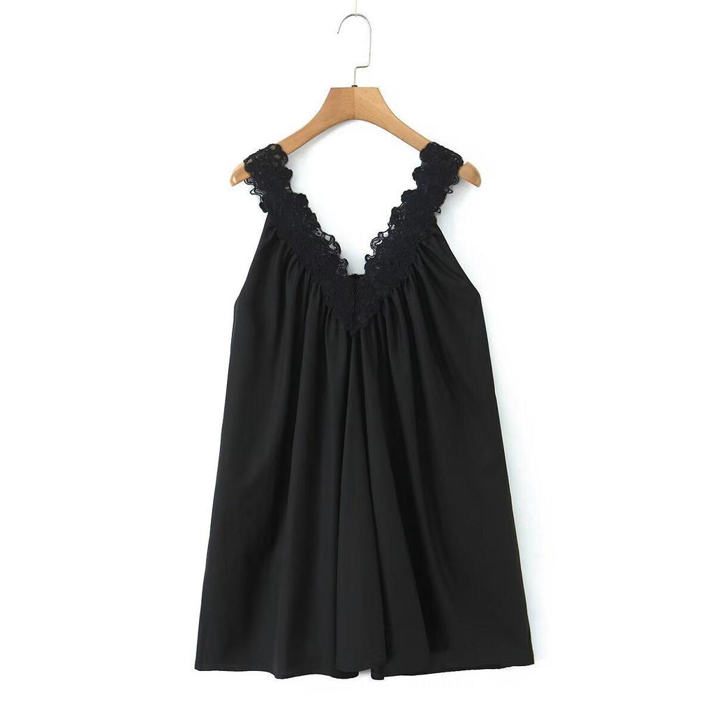 Spring 2026 Sleeveless Lace Patchwork Mini Dress - Retro V-Neck Dress