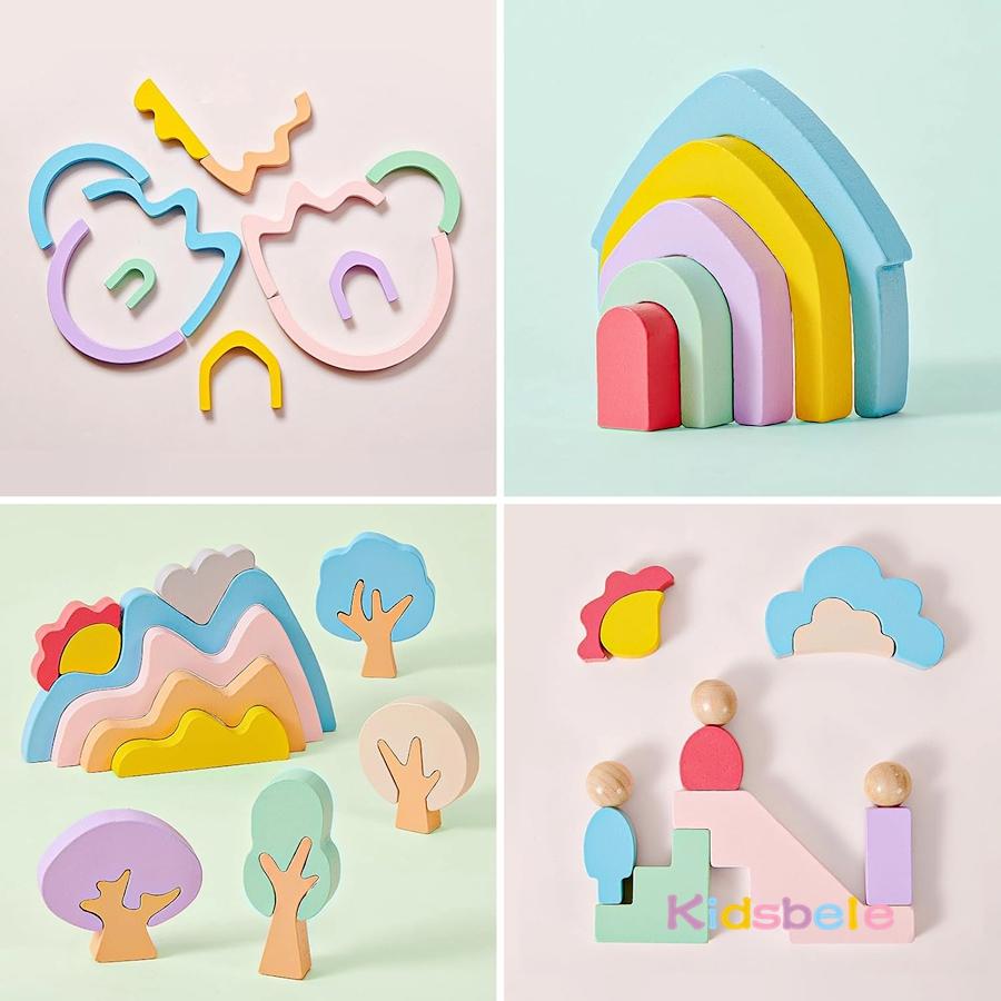 44PCS Montessori Wooden Colorful Stacking Balance Sensory Game Stones Rainbow DIY Building Blocks Birthday Christmas Party Gift