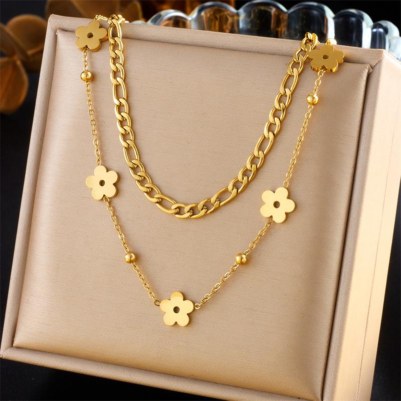 Gold Layered Flower Pendant Necklace with Beaded Paperclip Chain for Women