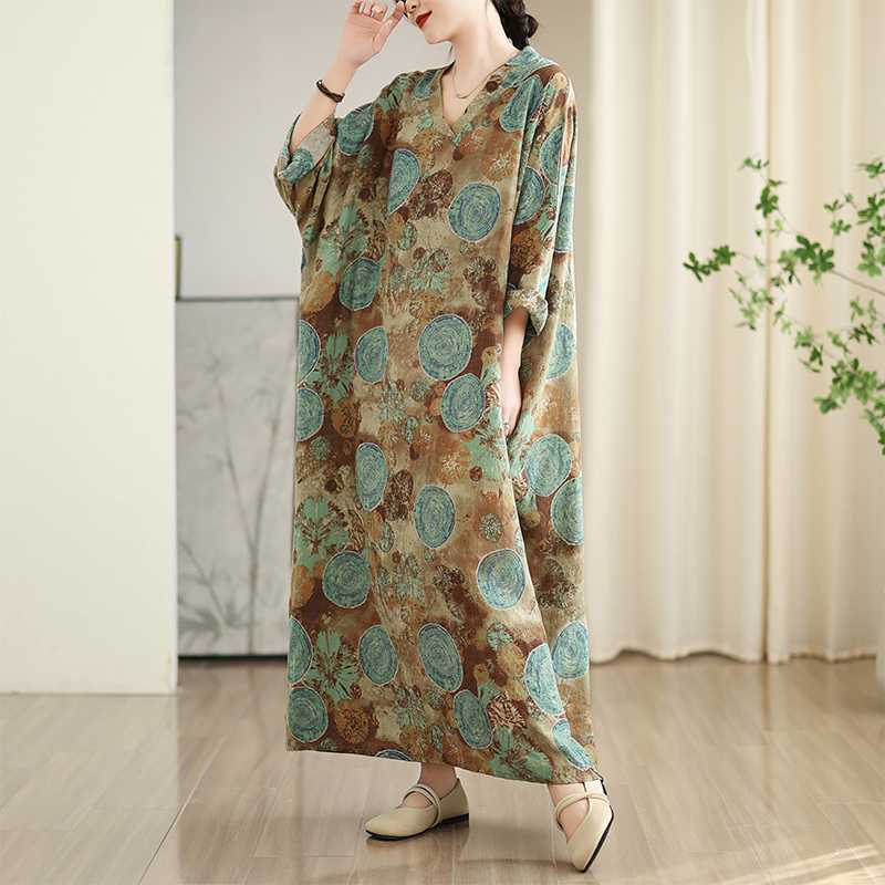 Women's New Color V-neck Retro Long Skirt Cotton Linen Dress