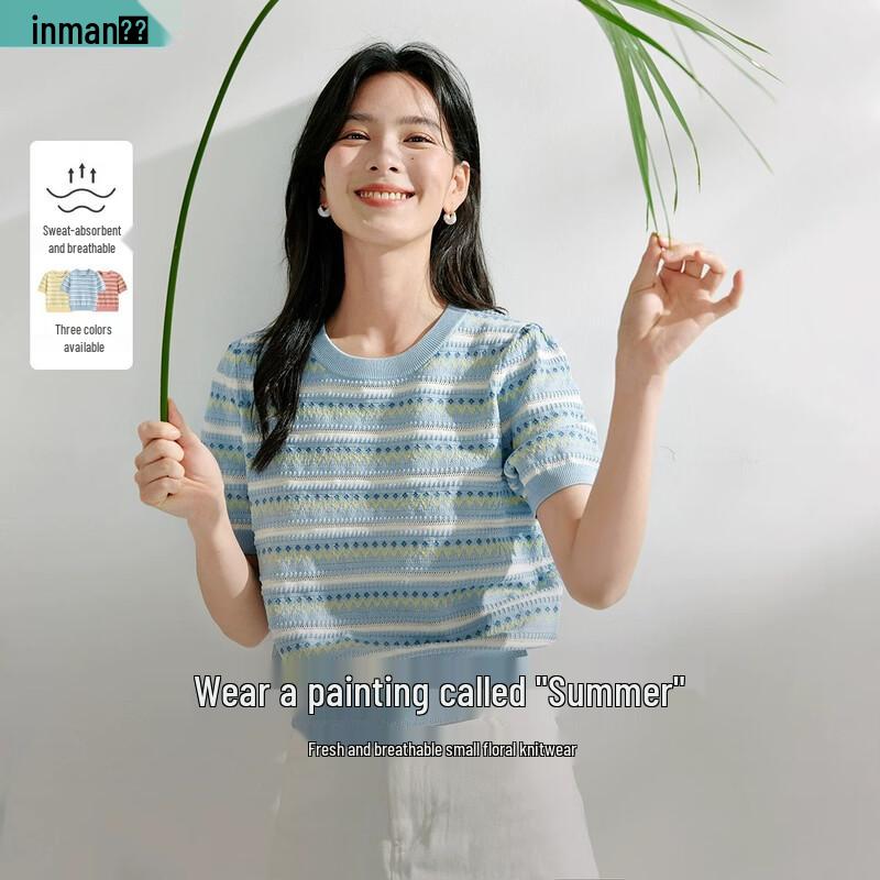 INMAN Sorona Cool-Touch Striped Short Sleeve Knit Top L синий