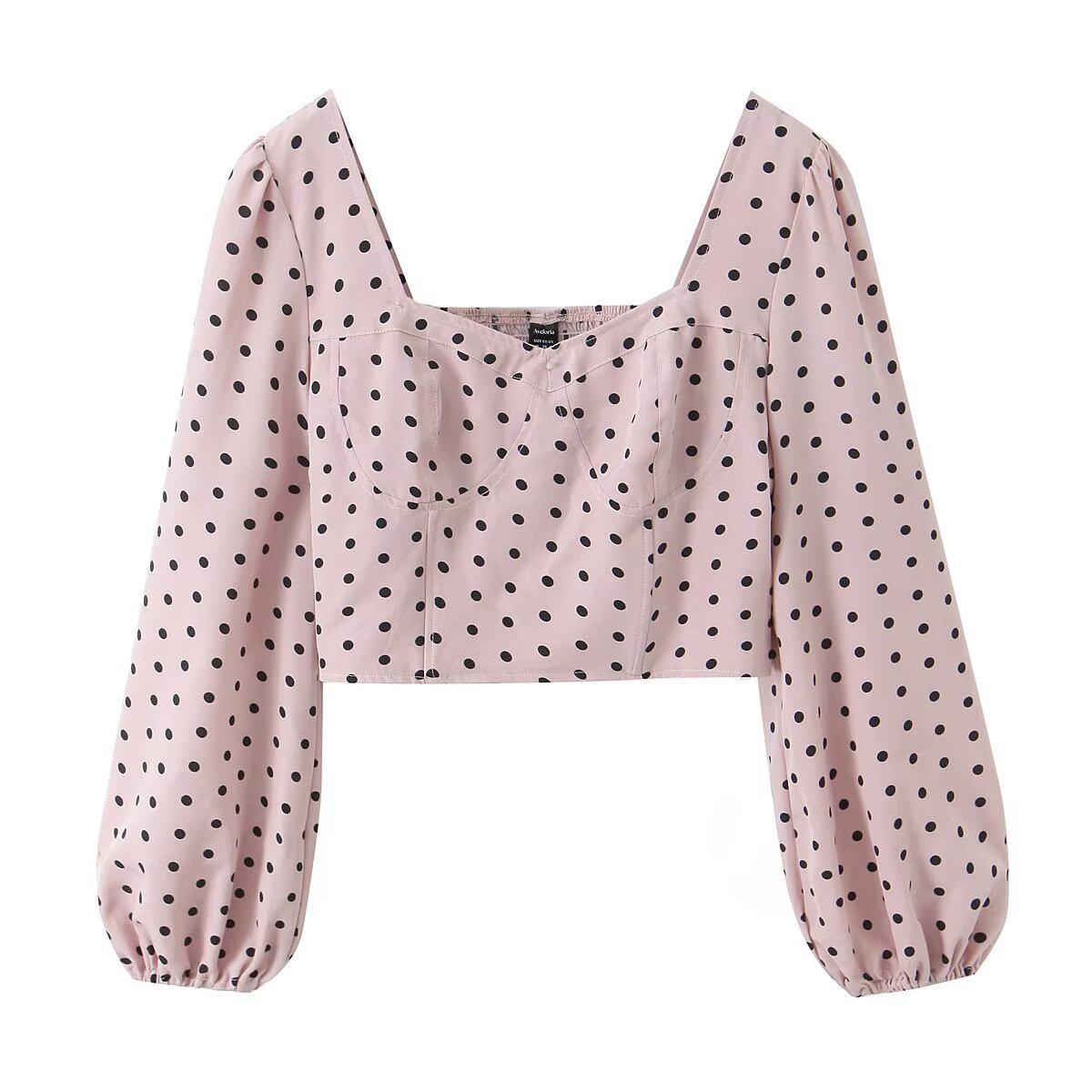 

2025 Fashionable Women s French Chic Polka Dot Square Neck Top with Puff Sleeves Medium (M) як показано кольору