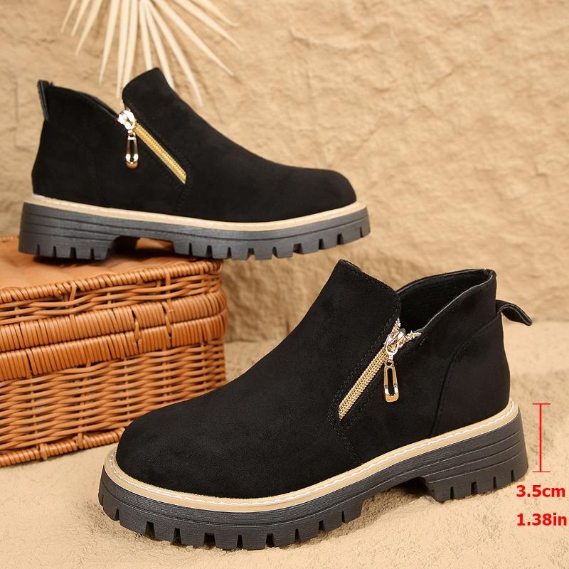 Plus-size Shoes, Double Zipper Thick-soled Boots, Women's Short Boots with Round Heads, Thick Heels and Bare Boots
