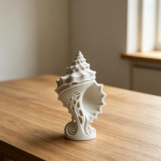 White Conch Shell Figurine, 3D Printed Nautical Coastal Tabletop Ornament for Living Room, TV Stand, Bookcase Shelf, Cabinet Decor