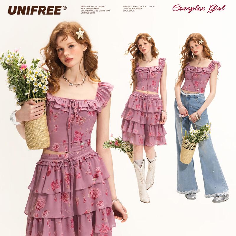 UNIFREE Floral Ruffled Square Neck Chiffon Blouse M розовый