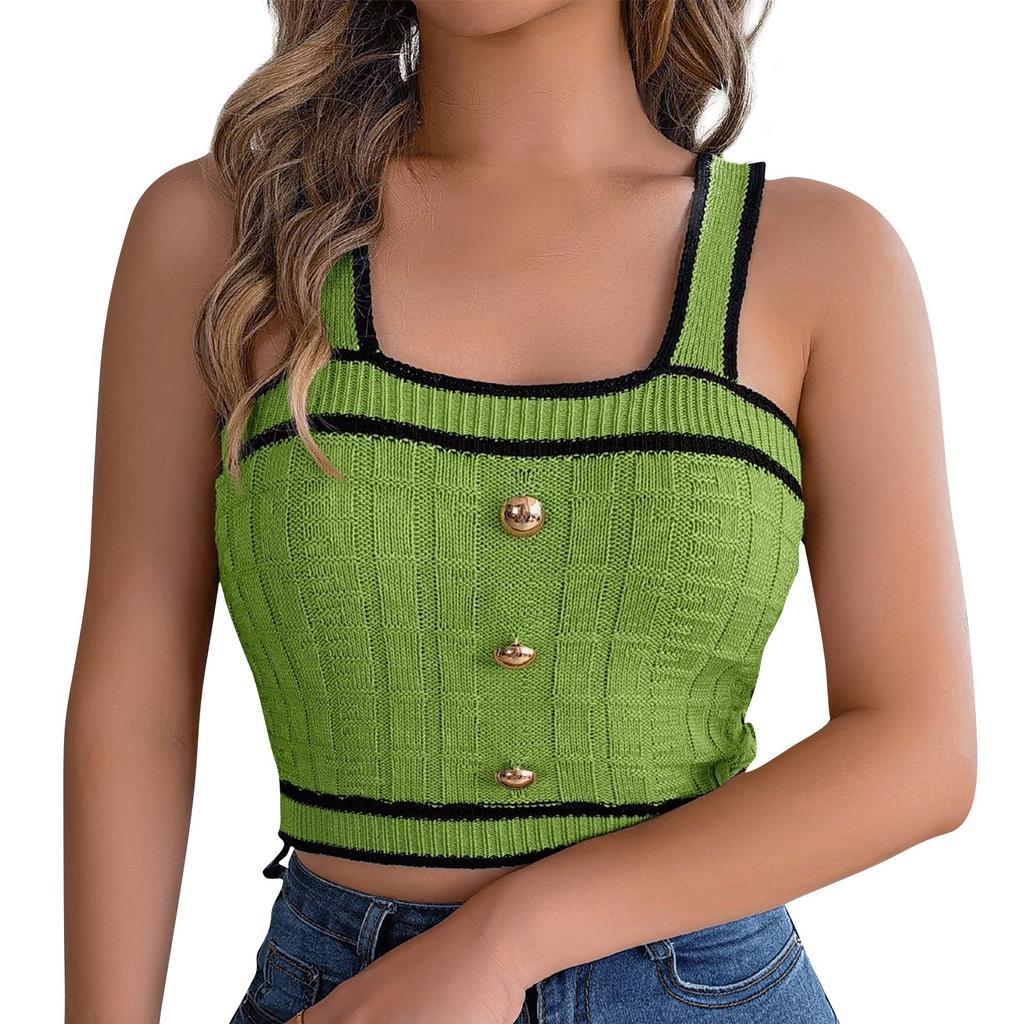 Women's Fashion Casual Contrast Color Square Neck Button Bare Navel Sleeveless Sweater Vacation Top