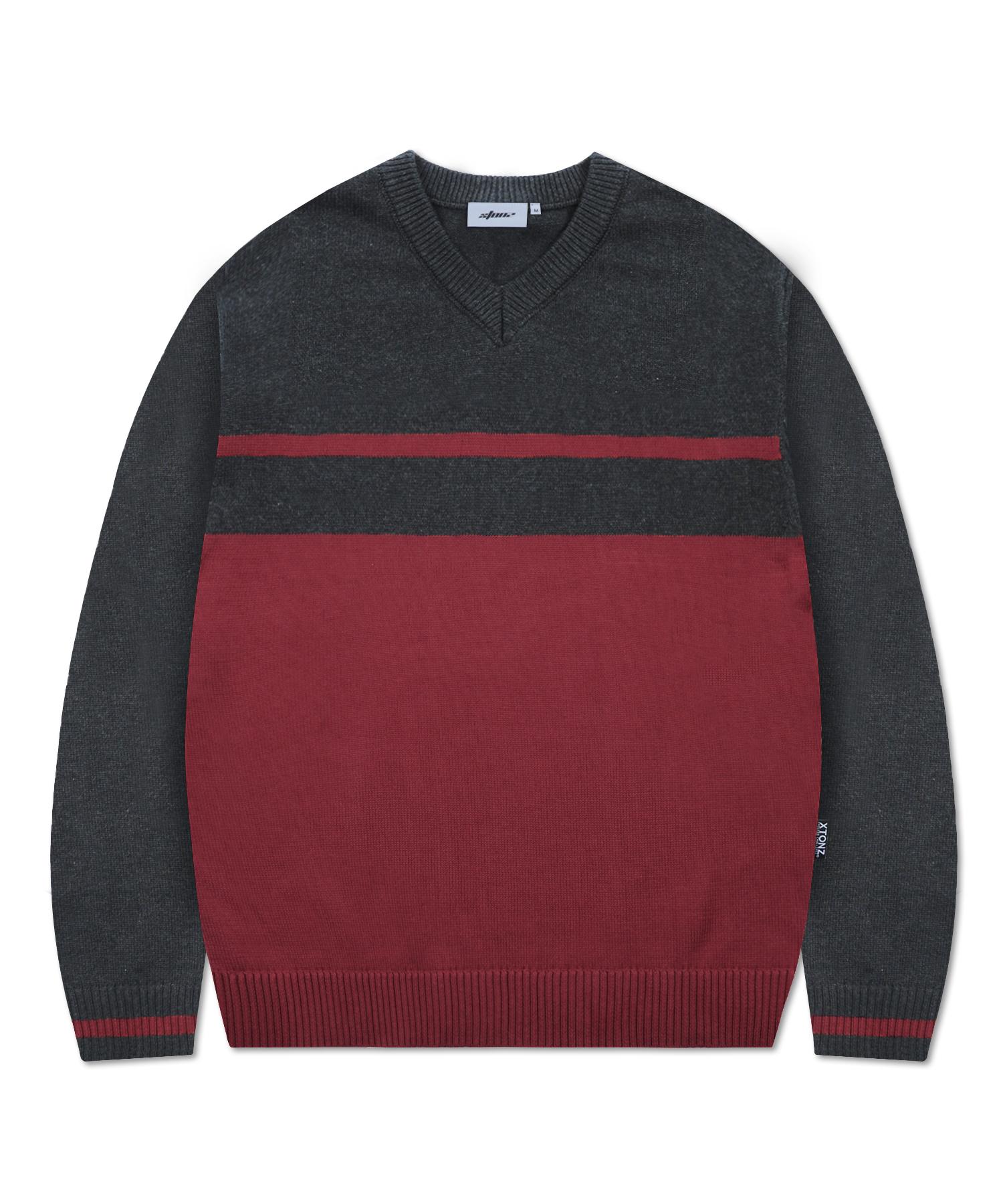 Xtonz Xtk175 Border V-Neck Pullover Knit (Red) Red/L
