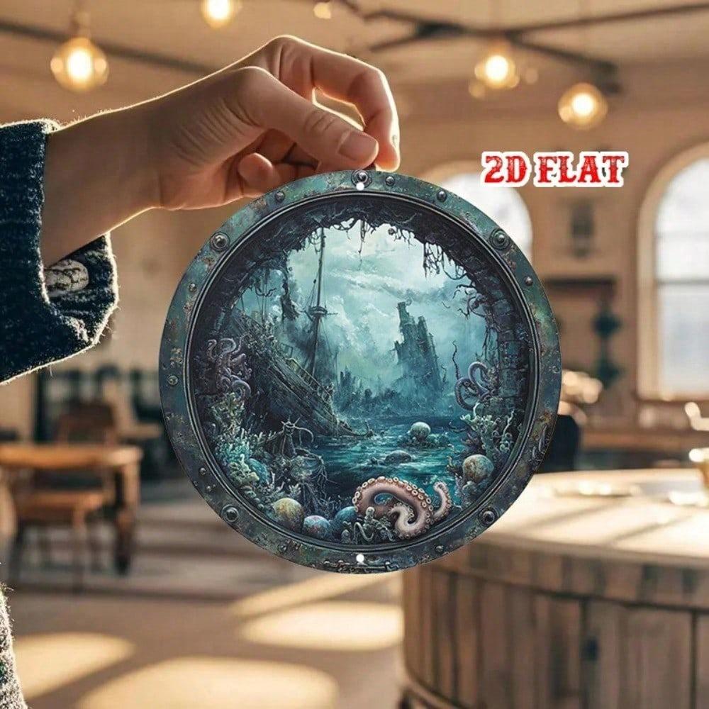 1pc Vintage Nautical Octopus Porthole Metal Wall Art Sign, Fantasy Underwater Ruins Aluminum Round Home Decor