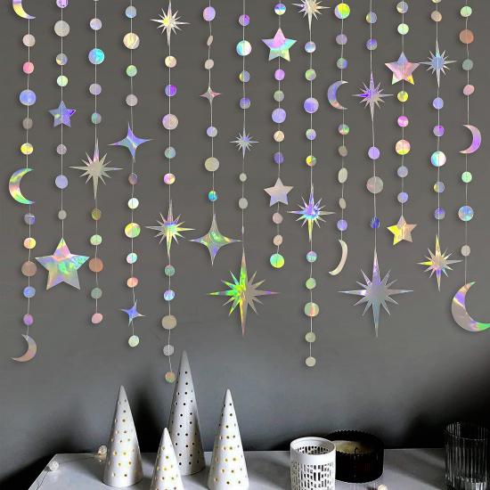 Iridescent Star Moon Circle Dot Garland Party Decoration Kit Hanging Crescent and Twinkle Little Star Streamer Bunting Banner for Kids First Birthday