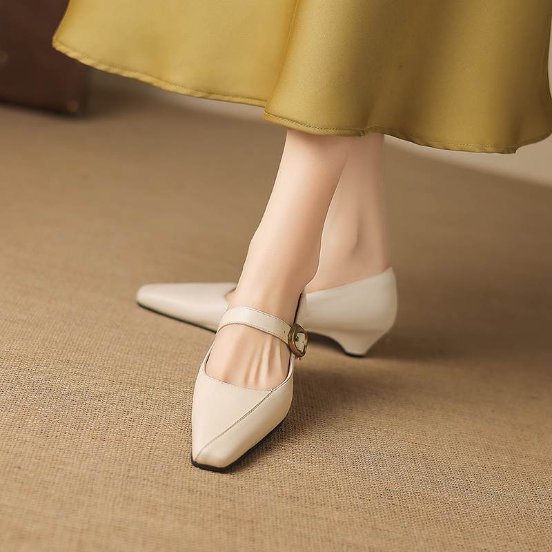 Krazing Pot Microfiber Square Toe Thick Med Heels Spring Summer Shoes Big Size 43 Metal Buckle Women Office Lady Pumps