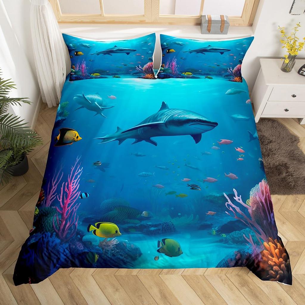 Shark Duvet Cover Queen Marine Life Comforter Cover Blue And White Cartoon Shark Bedding Set Nautical Ocean Theme Quilt Cover