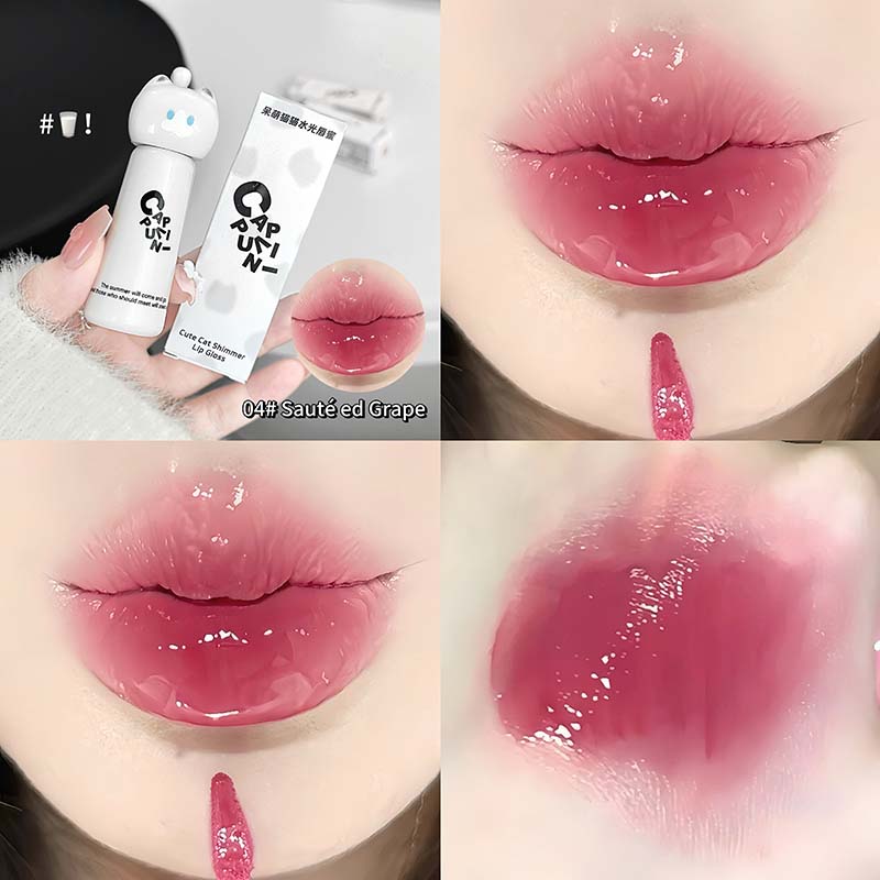 Mirror Water Lip Gloss Cute Cat Crystal Jelly Lipstick Hydrating Plumping Moisturizing Lip Tint Waterproof Non Stick Cup Makeup