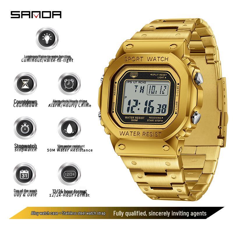 Sanda Men s Multifunctional Waterproof Fashion Watch with Alarm & Lift-Hand Light - Square Design, In Stock.