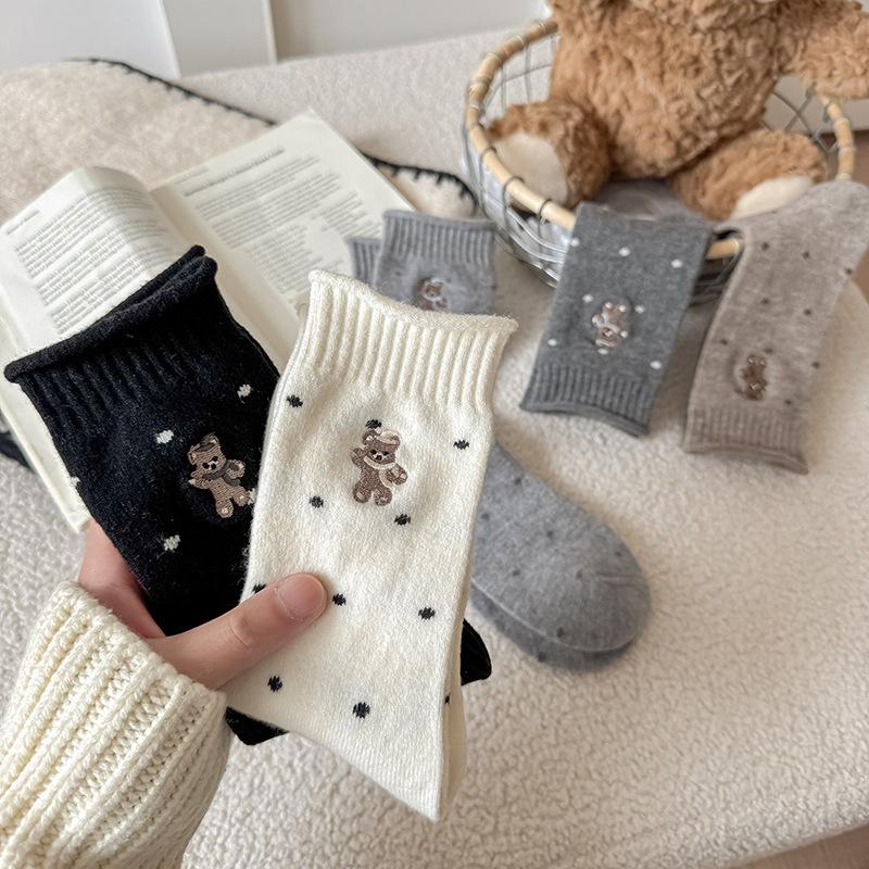 Socks Tide Cute Embroidered Bear Wool Warm Medium Tube Socks Stacking Socks