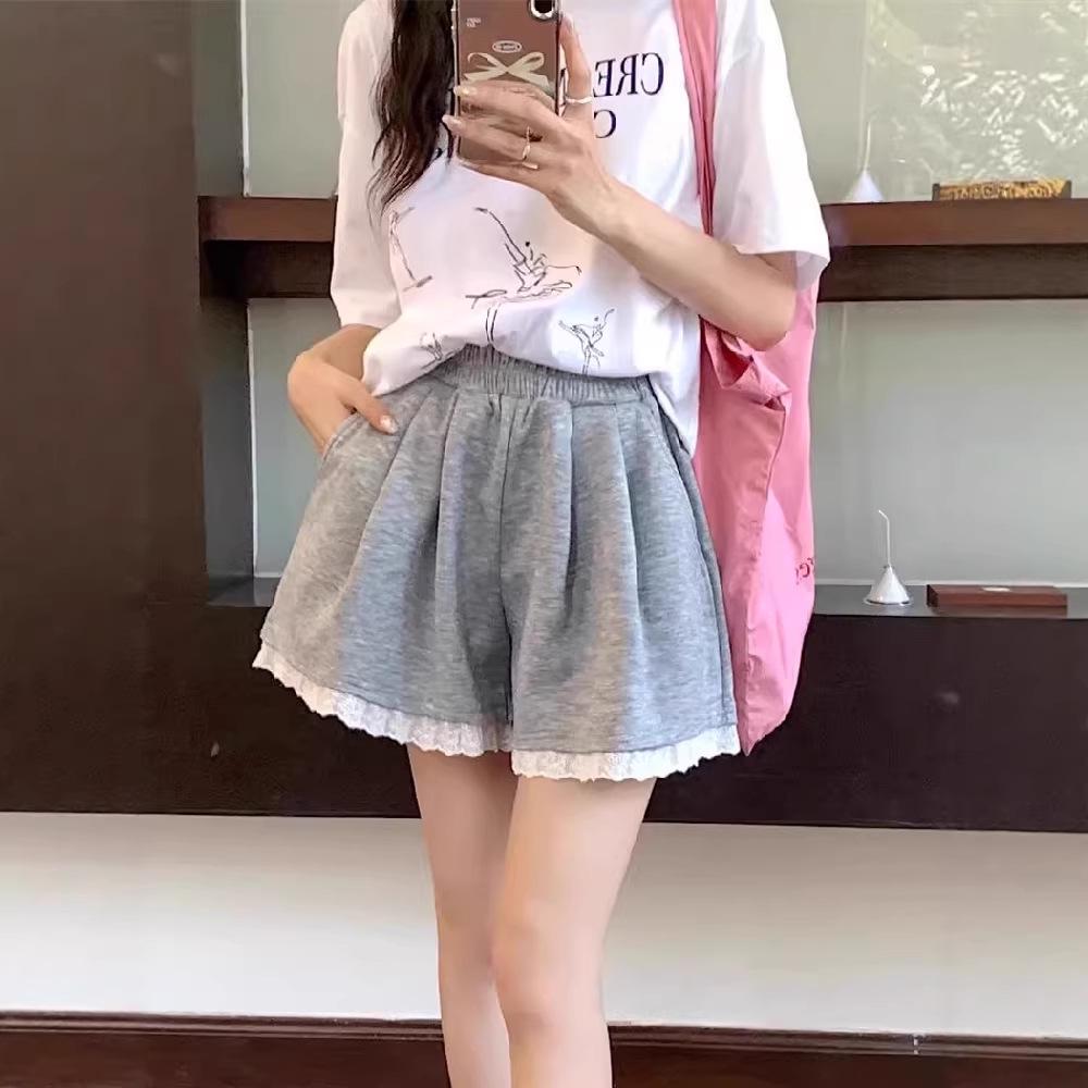 Women s High Waist Gray Lace Summer Casual Wide Leg Shorts L серый