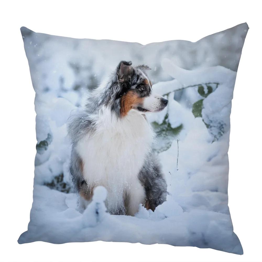 Cute Australian Shepherd Dog Pillow Case Peach Skin Decor Pet Animal Cushion Cover Thorw Pillowcase for Sofa Home Car 45x45cm