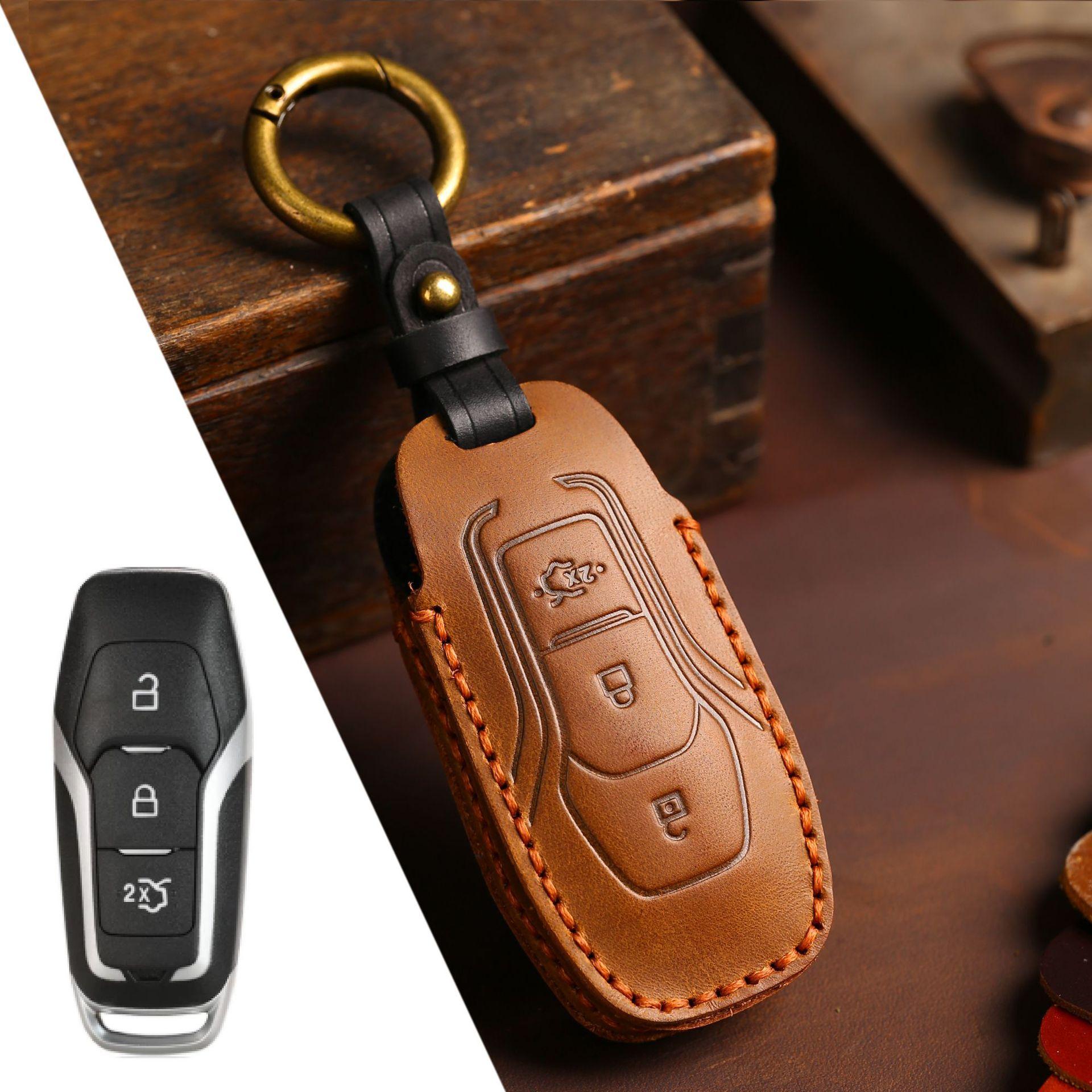

For Ford Fusion Mondeo Mustang F-150 Explorer Edge 2015 2016 2017 2018 2019 Leather Car Fob Key Cover Case Keychain Accessories