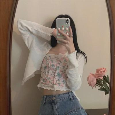 Women's Summer Ice Silk Cardigan: Fashionable, Versatile, Short Knitted with Suspenders, Lightweight, Long-Sleeved Top.