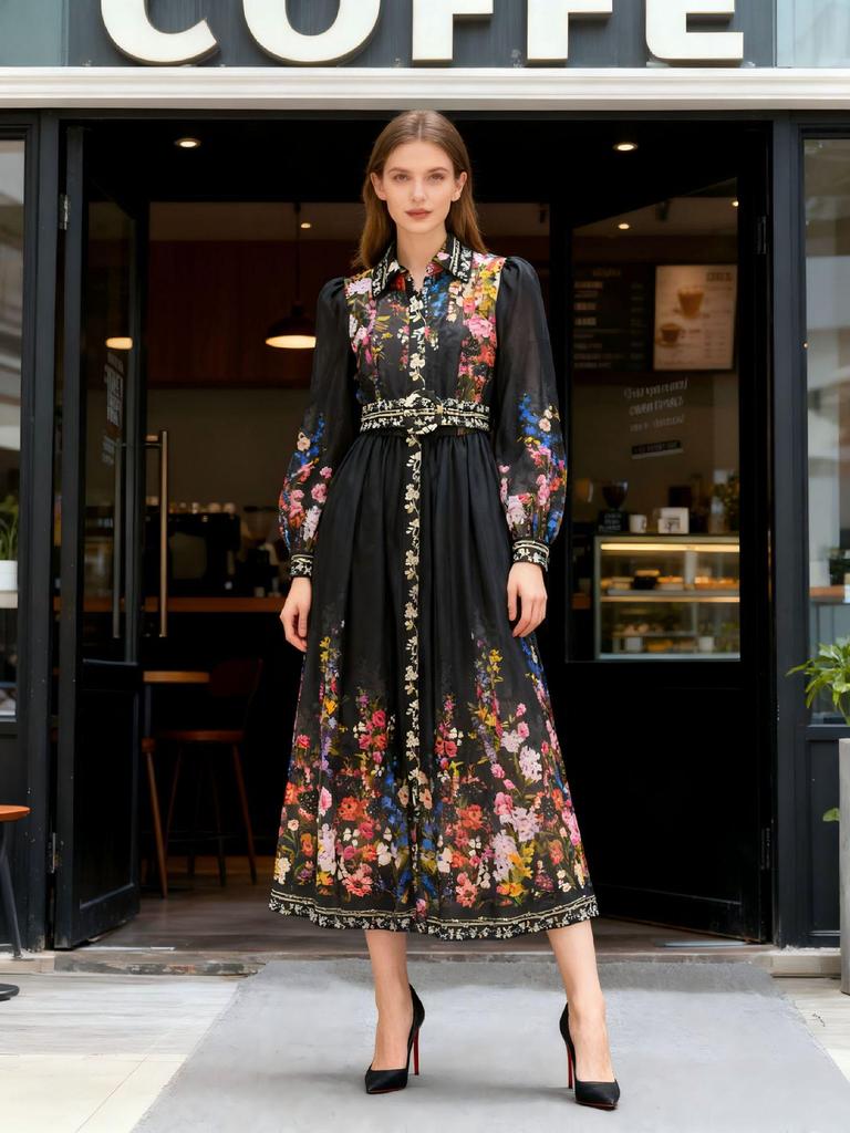 Elegant Early Spring Resort Lapel Long Sleeve Wide Hem Printed Dress