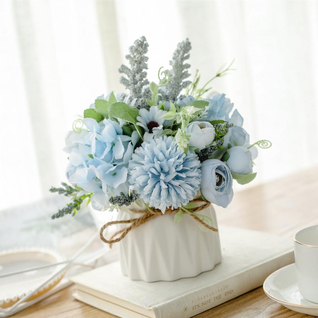 Artificial Flowers with Small Ceramic Vase Faux Roses Plants Eucalyptus Leaves Berries Flower Arrangements Decorations for Home