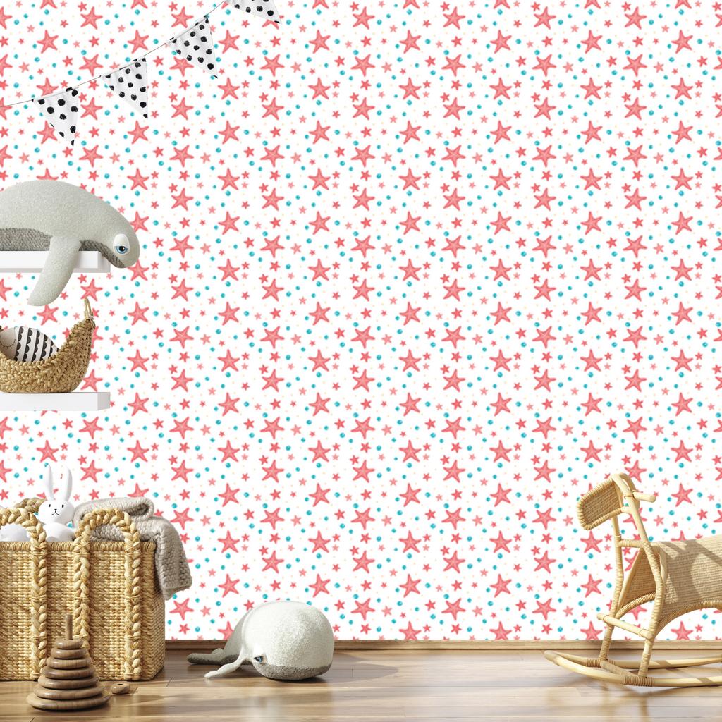 Starfish Wallpaper White, Coral and Aquamarine for Living Room and Bedroom 50x1000