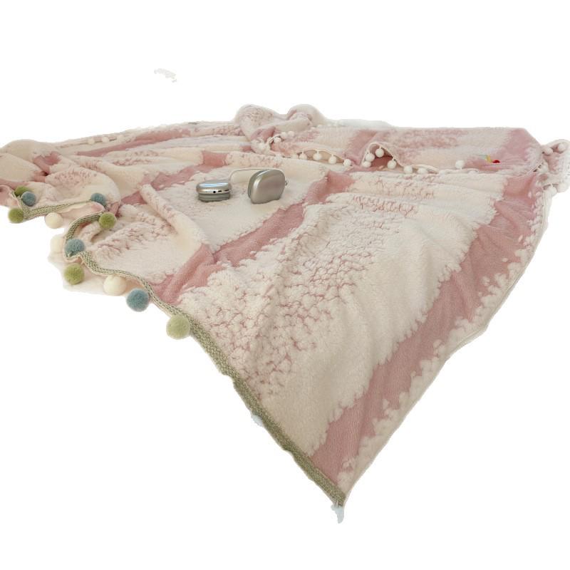 250G Two-Color Cationic Jacquard Throw Blanket with Small Handmade Pom-Poms