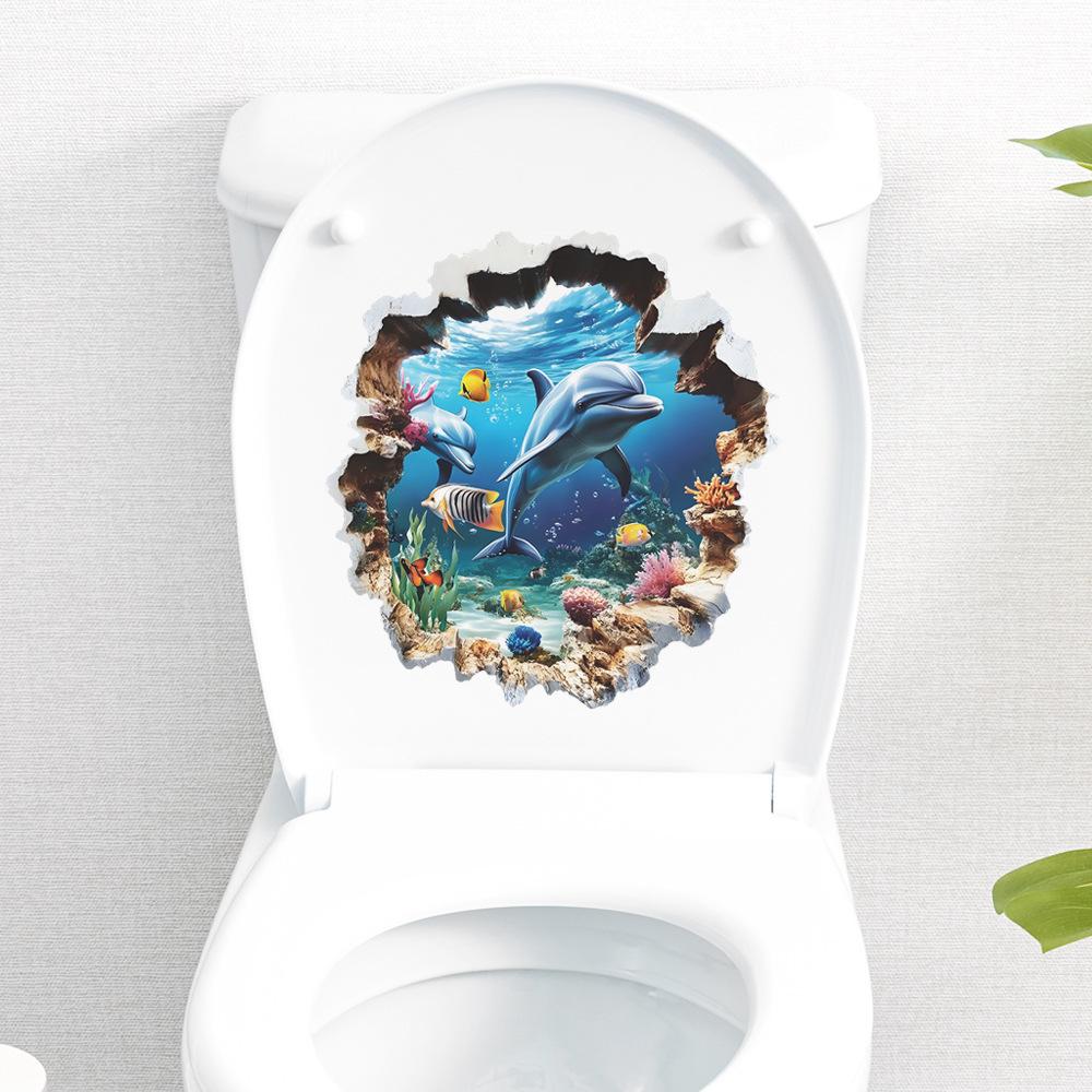 Ocean World Dolphin Toilet Wall Sticker Self-Adhesive Removable Waterproof for Bathroom Underwater Home Decor Art