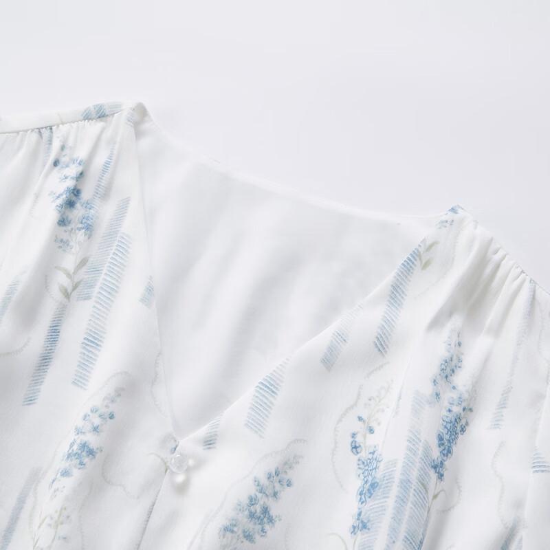 Women's French Style V-neck Printed Puff Sleeve Blouse