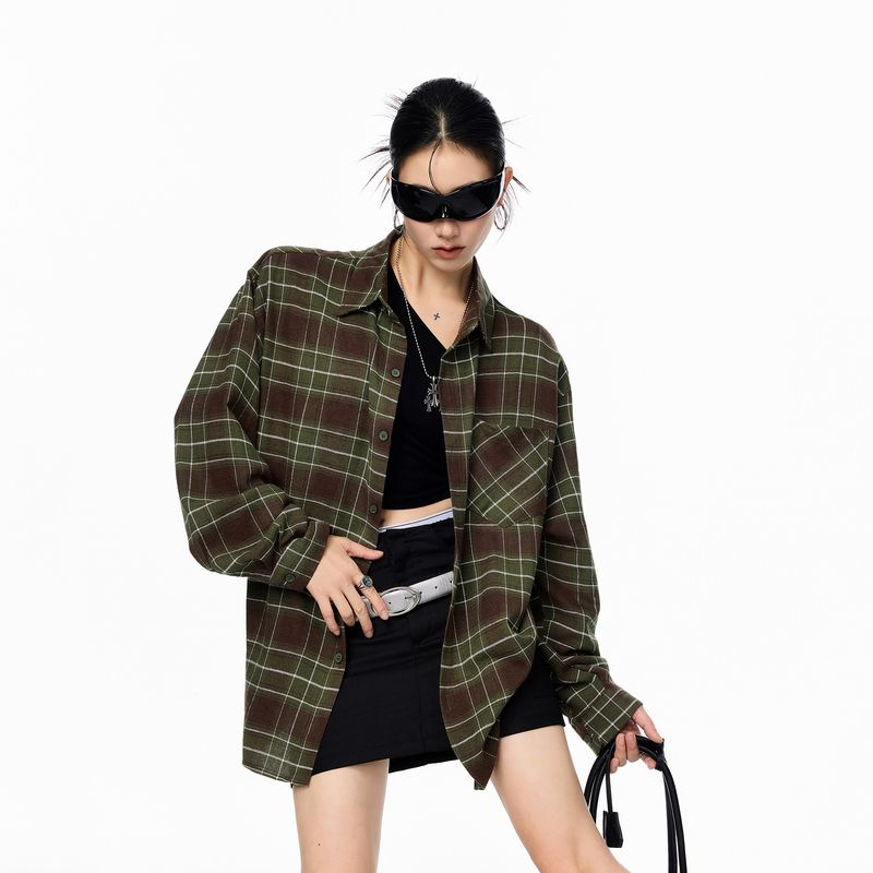 

Ich Mode American Blue Gingham Shirt Women Fall New Arrival Loose Casual Long Sleeve Shirt Coat Top Green S