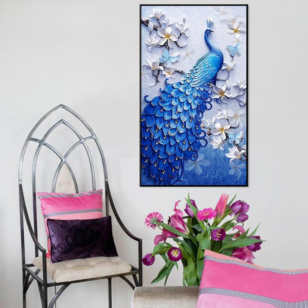 Vintage Peacock Canvas Painting Elegant Living Room Home Wall Art Decor Blue White Abstract Animal Flower Picture Poster Prints