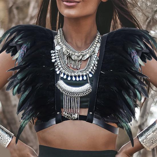 Medieval Feather Shawl Punk Gothic Faux Leathers Costume Armour Halloween Cosplay Adjustable Shoulder Armour Performance Masque Chest Guard Harness