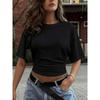 Women Y2k Solid Color Crew Neck Batwing Cinched Waist Loose Short Sleeve T Shirt