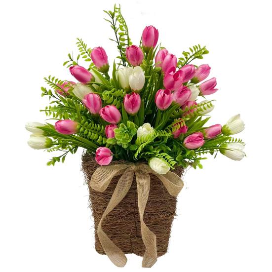 

Artificial Tulip Door Hanger Basket Wreath for Front Door Spring Summer Hanging Floral Wreath with Woven Basket for Wall Window Holiday Decor 1pc