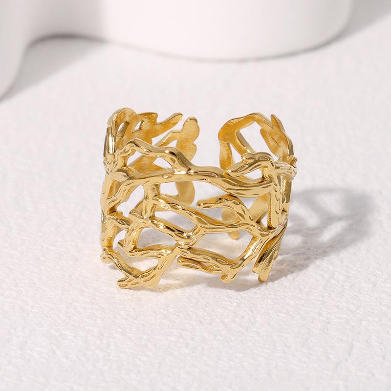 LATS Stainless Steel Lava Irregular Hollow Ring for Women Metal Texture Waterproof Daily Simple Stylish Golden Rings Zircon resizable