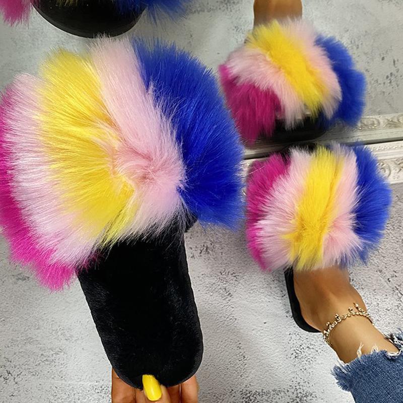 Fashion Fashion Mix Color Fluffy Fur Slippers for Women Winter Warm Cozy Indoor House Shoes Woman Open Toe Non Slip Plush Floor Slippers