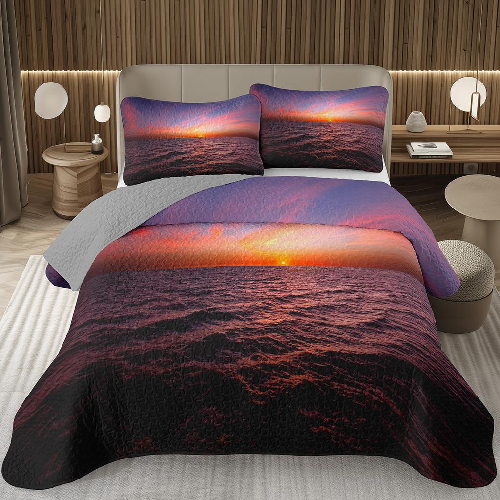 Sunset Scenery Bedspread Queen/Full Natural Landscape Quilted Coverlet 2/3Pcs Reversible Grey Bedding Set for Boy Girl Room Dorm