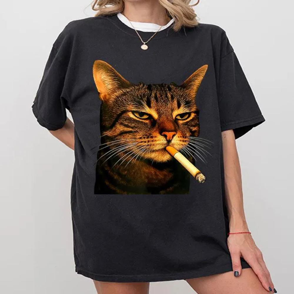 Smoking Cat Meme T Shirt Clothing Graphic Short Sleeve Shirt Unisex Women AllSeason Unisexs TShirt Black Casual Crew Neck Tee S
