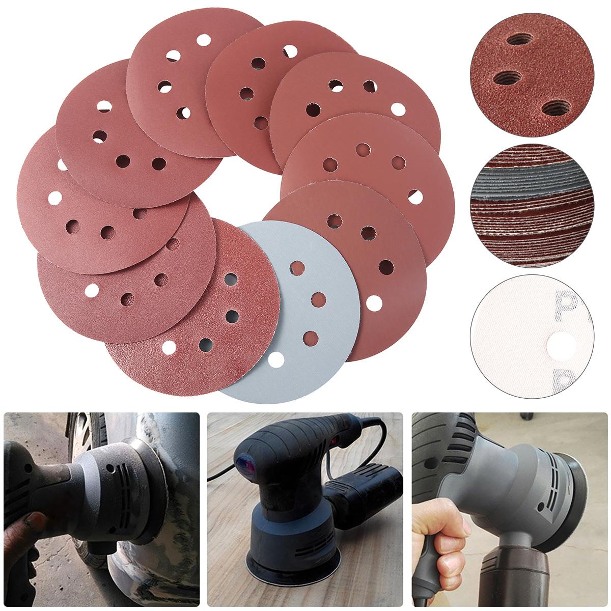 

100pcs 5 Inch Round Sanding Discs Alumina Sanding Pads 8-Hole Sheet Polishing Sandpaper for Metal Wood Glass Car