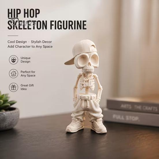Figurina Teschio Decorativa Stile Street Hip-Hop Scheletro, Statuetta Teschio con Cappellino da Baseball Stampata 3D, Decorazione da Ufficio Scultura Cool per Scrivania di Casa