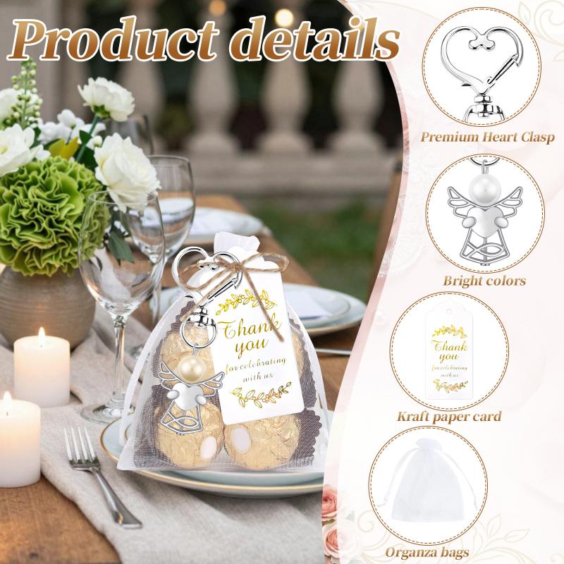 24 Sets Angel Keychains Favor Angel Charms Angel Wing Pendant With Thank You Tags Drawstring Organza Bag Guest Return Gifts