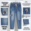 Women Embroidered Nine‑Point Jeans Elastic Drawstring Waist Loose Harem Denim Pants Casual Ladies Cropped Trousers