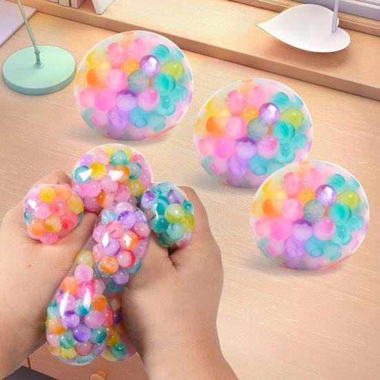 Rainbow Bead Stress Ball with Glitter Soft TPR Squeeze Toy for Anxiety Relief Colorful Fidget for Kids Adults Fun Decompression Gadget