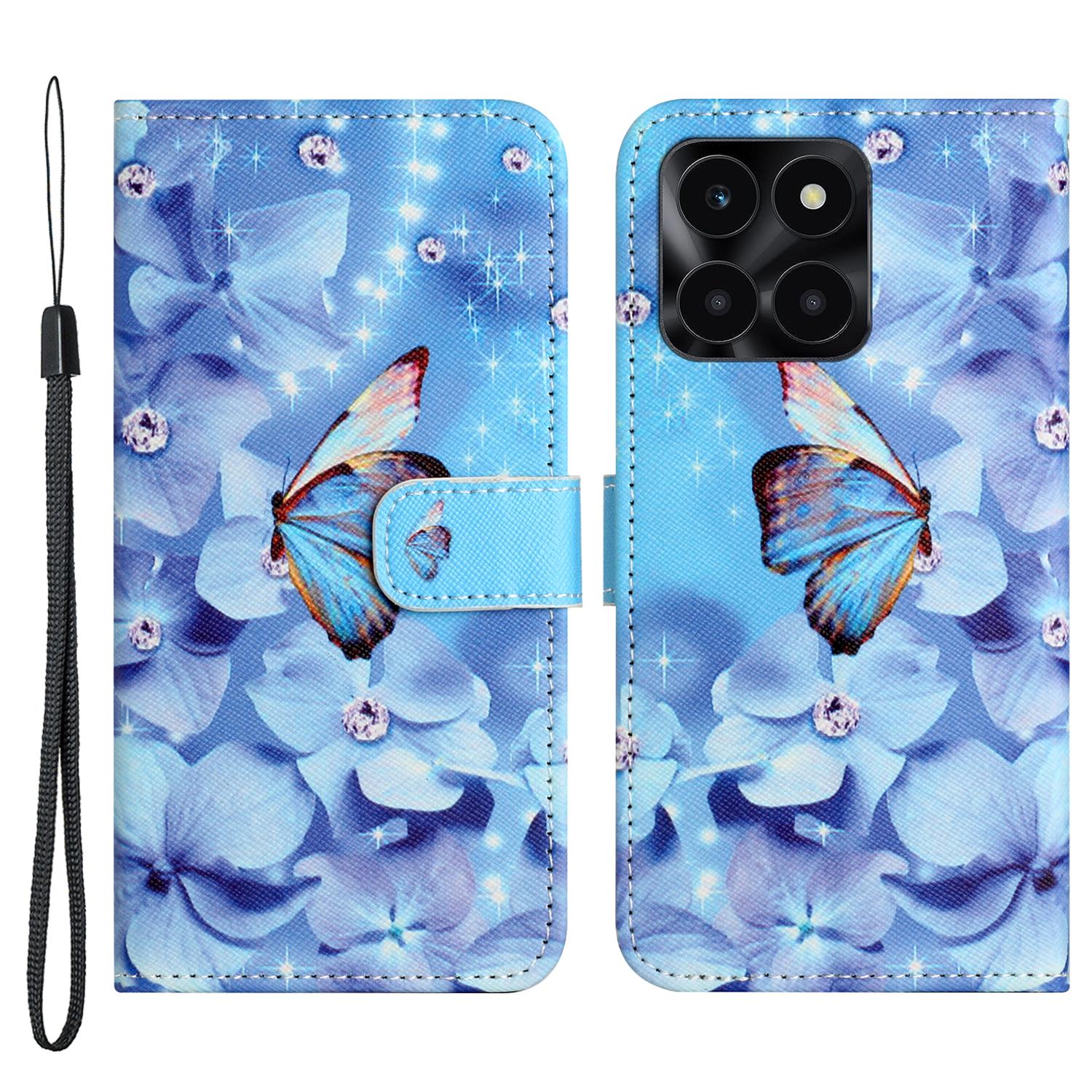 

3D Pattern Printing Leather Phone Case for Honor X6a 4G/X6b 4G/X6c 4G Stand Wallet Flip Cover with Strap Flower and Butterfly